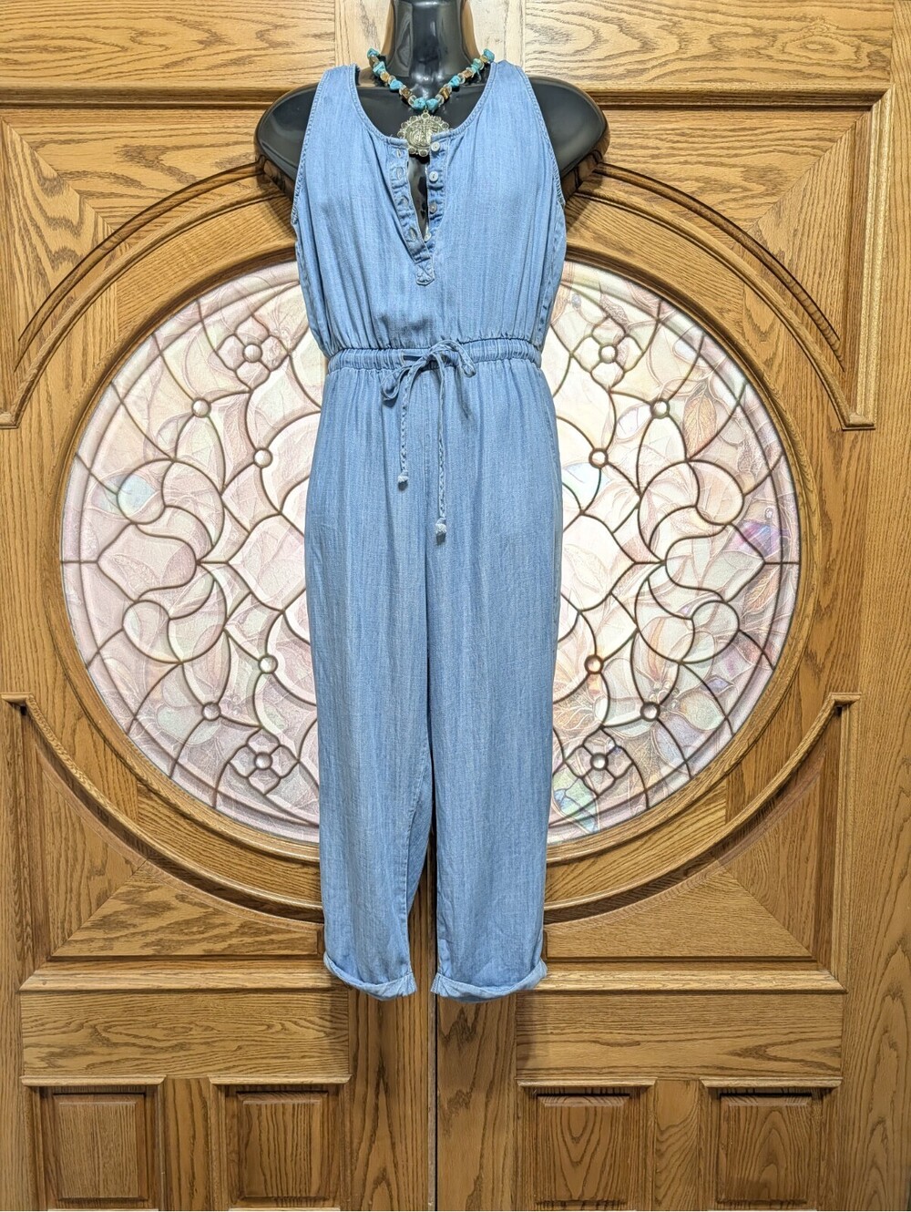 Knox Rose  Womens Denim Chambray Jumpsuit Cropped Small